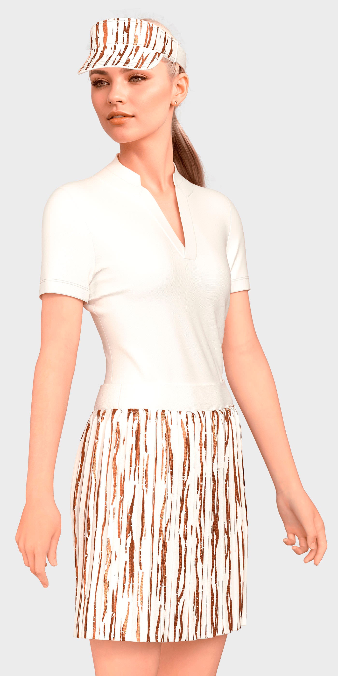 Woman wearing a white top and patterned skirt on a plain background