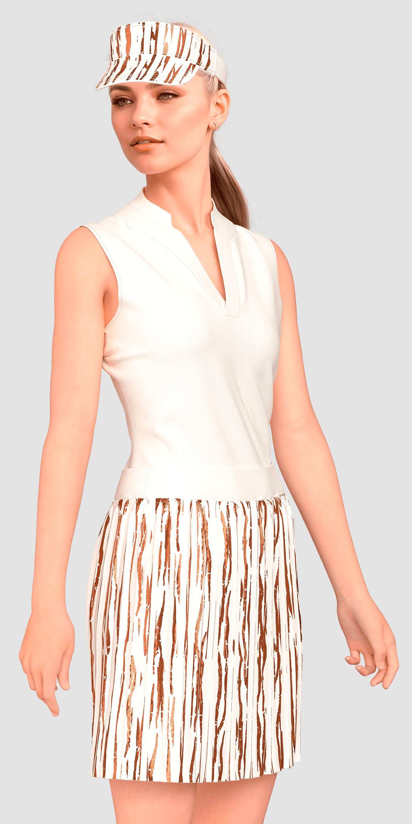 Woman wearing a white sleeveless top and patterned skirt on a plain background