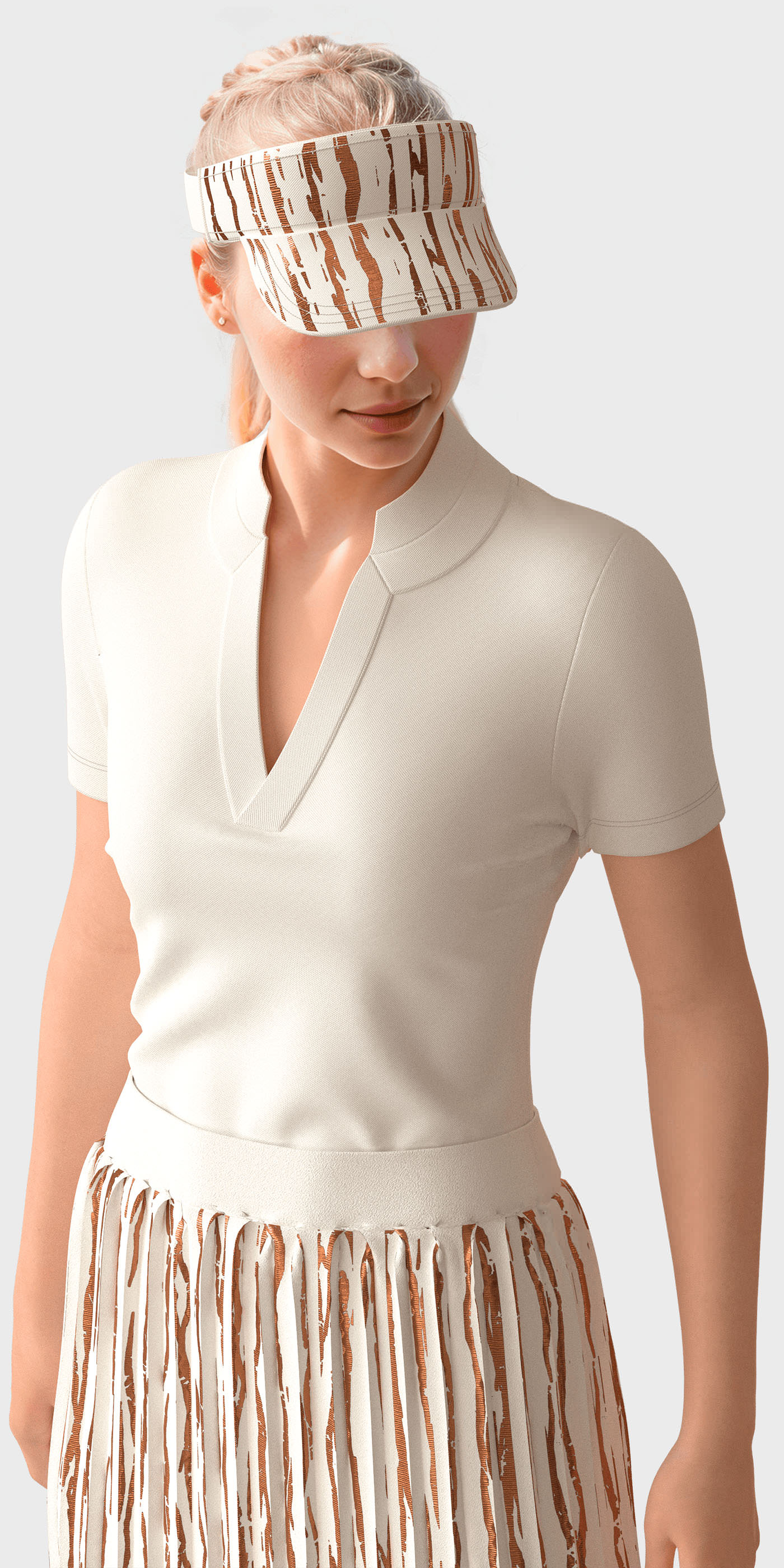 Woman wearing a white top and striped visor with a plain background