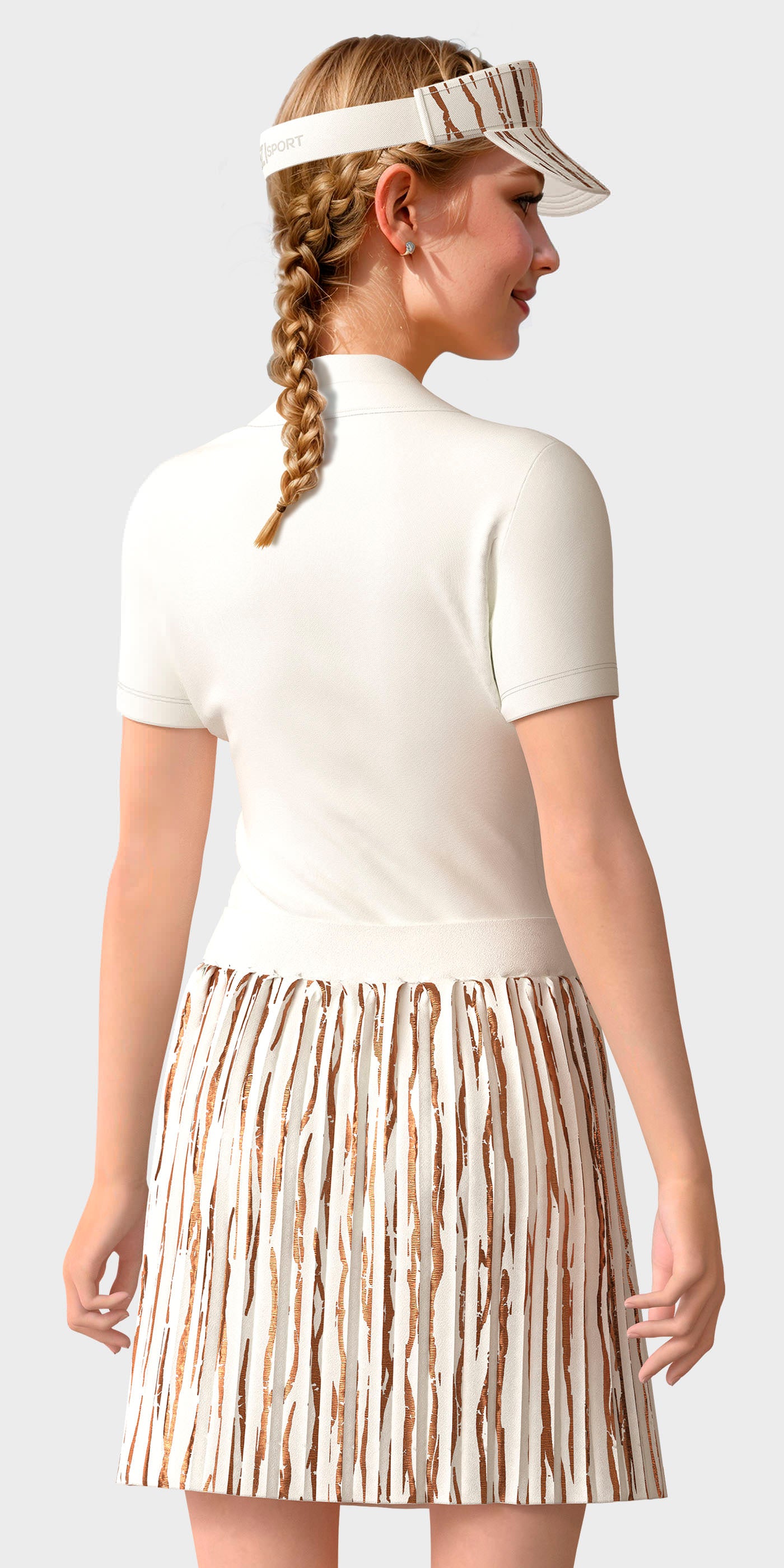 Woman wearing a white polo shirt and patterned skirt on a plain background