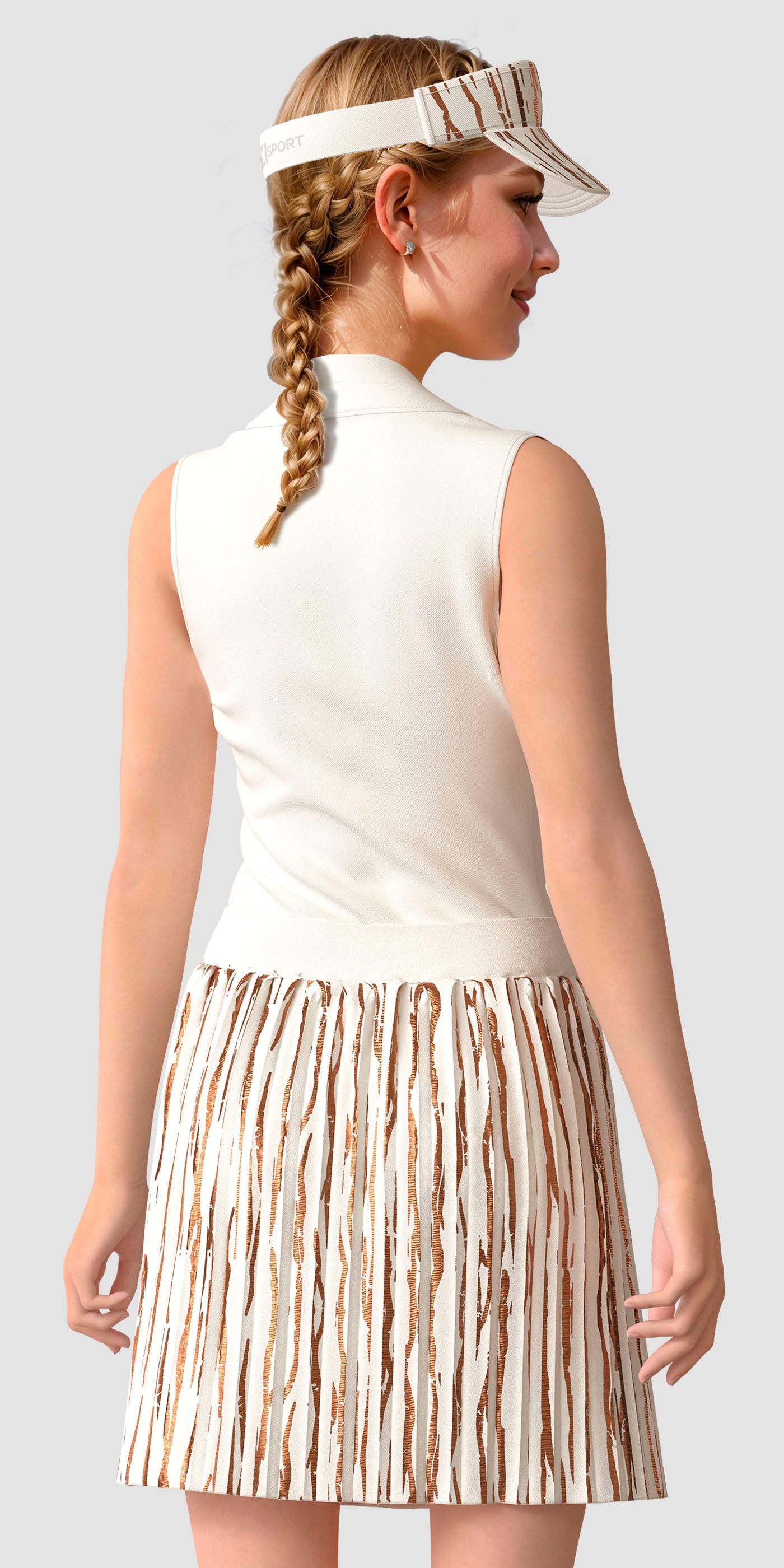 Woman wearing a white sleeveless top and patterned skirt with a visor on a plain background