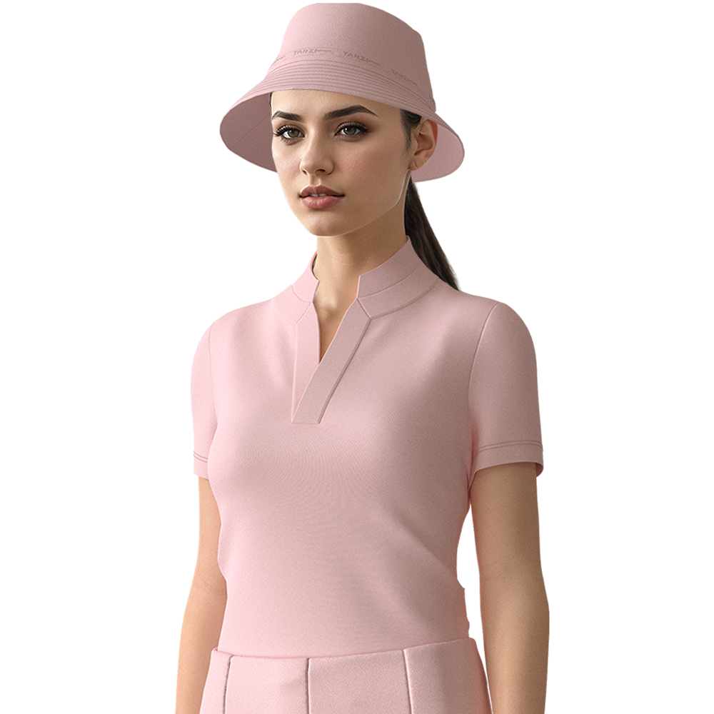 Woman wearing a pink outfit with a matching hat on a white background